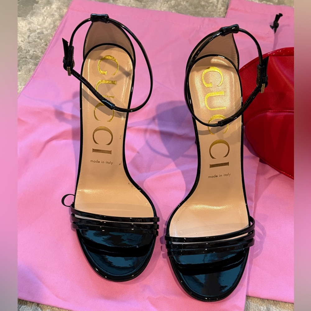 Gucci Red Patent Leather Open-Toe Stiletto Boots with Black Trim - Picture 3 of 9